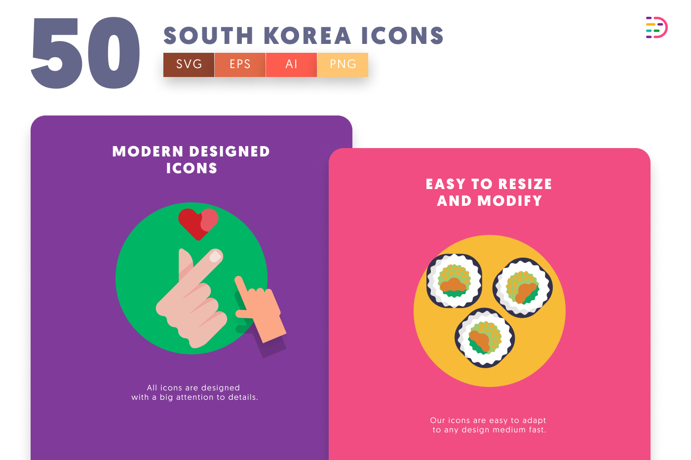 50 South Korea Icons cover – flat circle icons in PNG, SVG and EPS