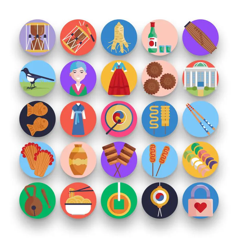 50 South Korea Icons – set of colorful flat circle icons