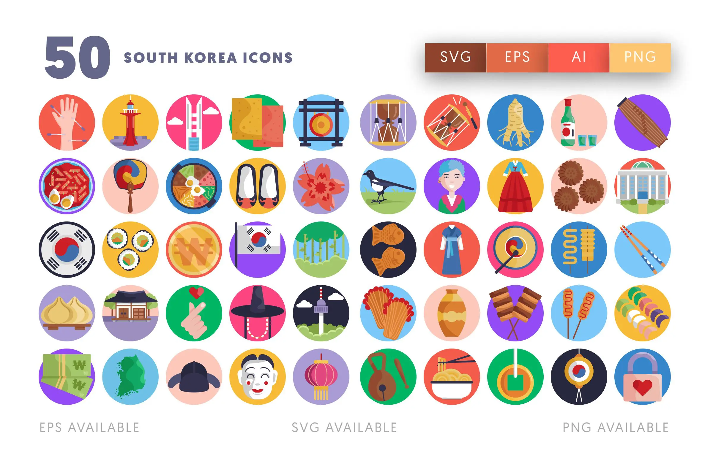 50 South Korea Icons – flat circle icon set
