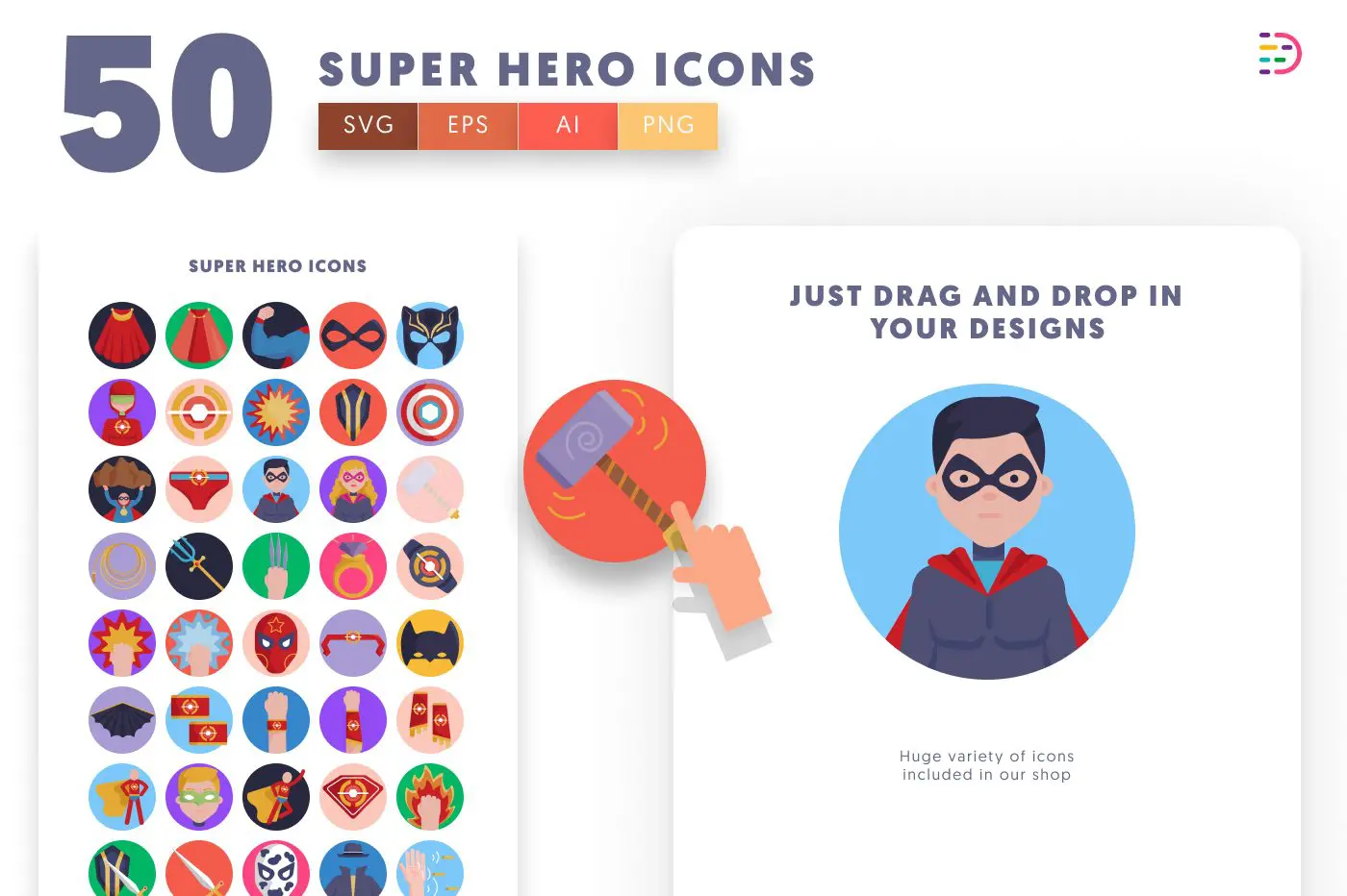 50 Super Hero Icons preview 1 – flat circle icons in PNG, SVG and EPS