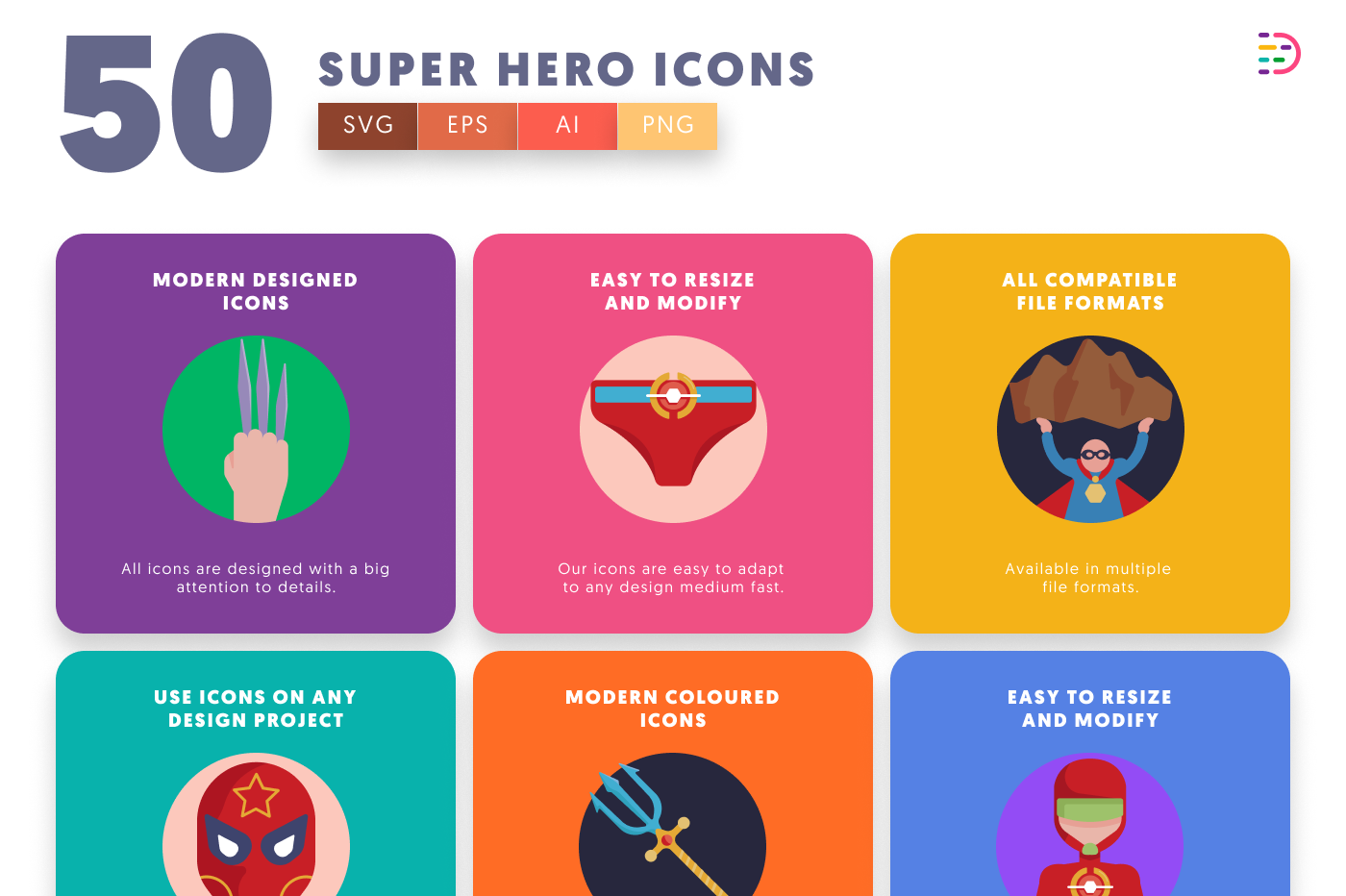 50 Super Hero Icons preview 5 – flat circle icons in PNG, SVG and EPS