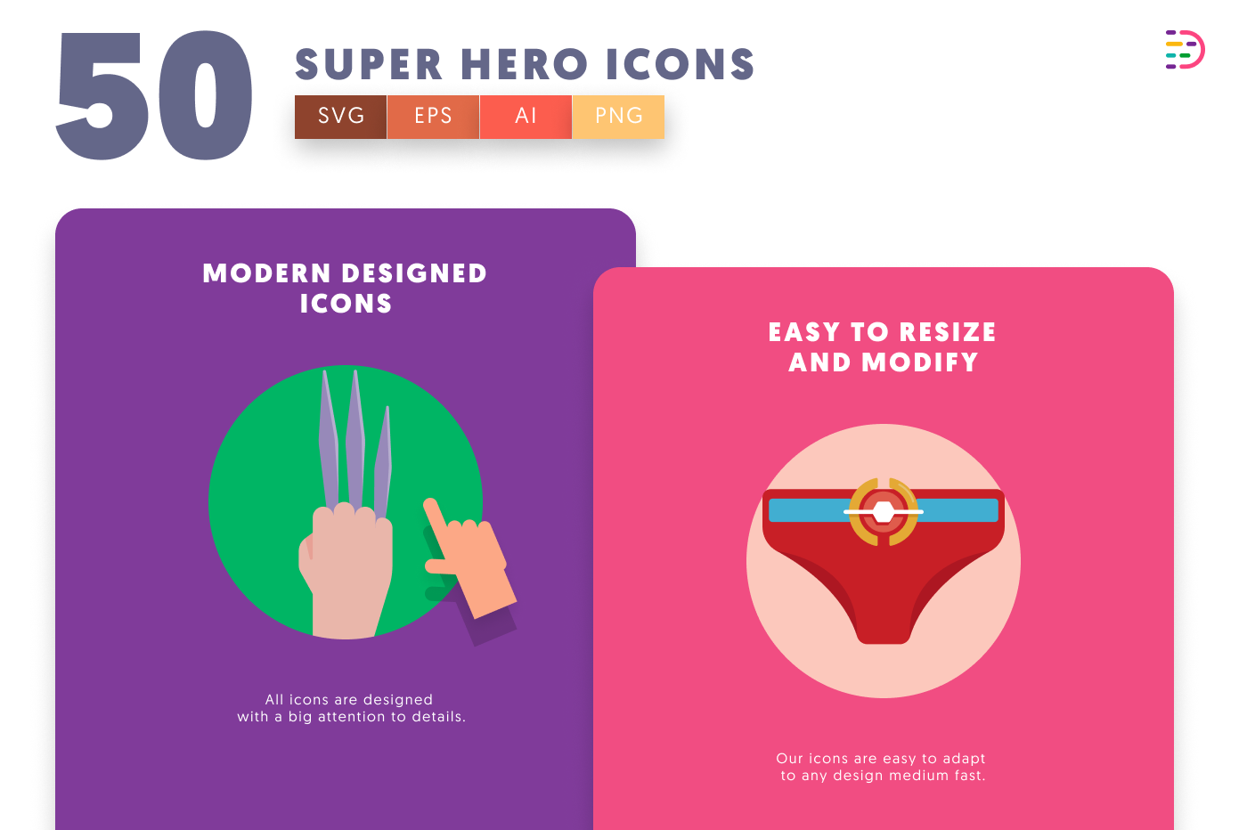 50 Super Hero Icons cover – flat circle icons in PNG, SVG and EPS