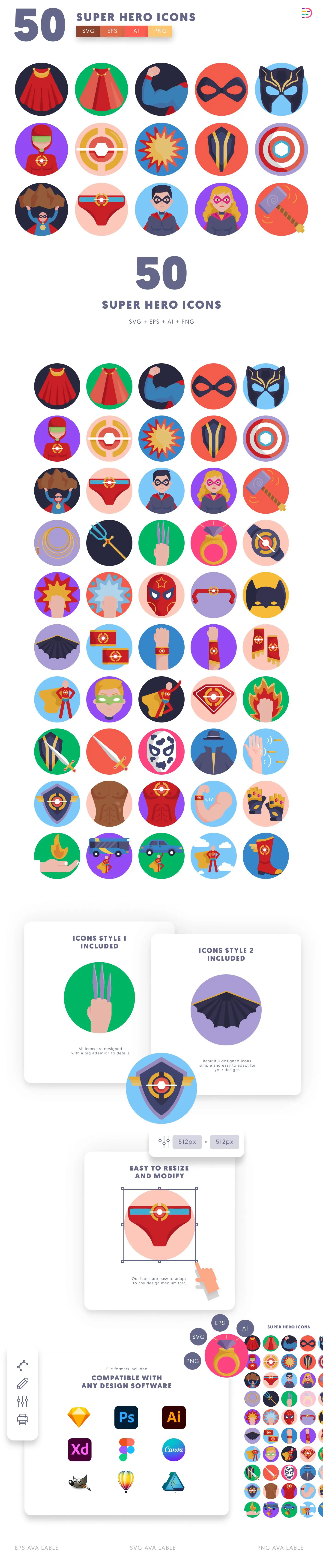 50 Super Hero Icons cover – flat circle icons in PNG, SVG and EPS