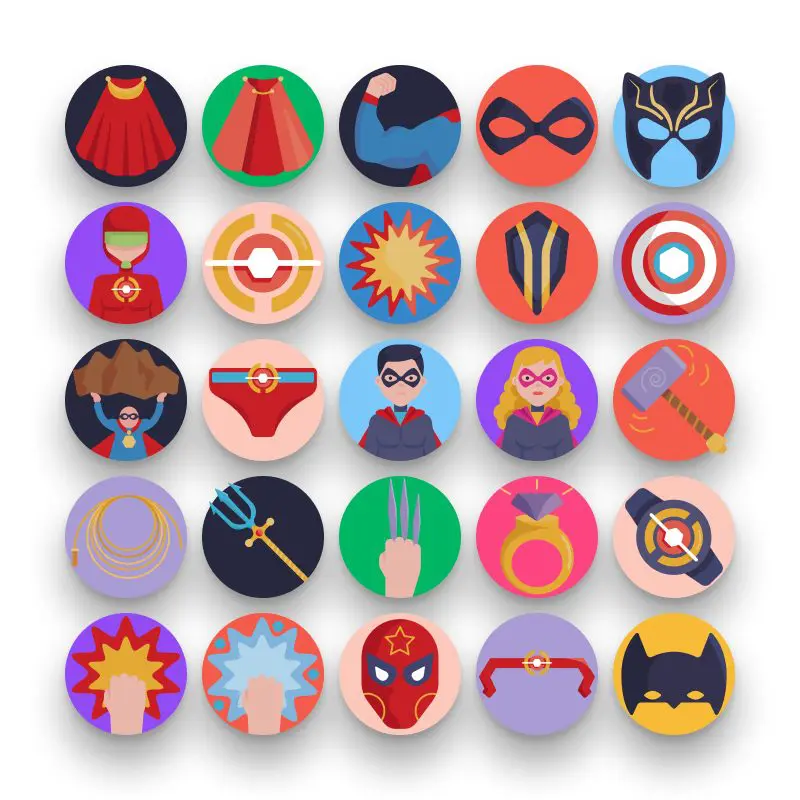 50 Super Hero Icons – set of colorful flat circle icons