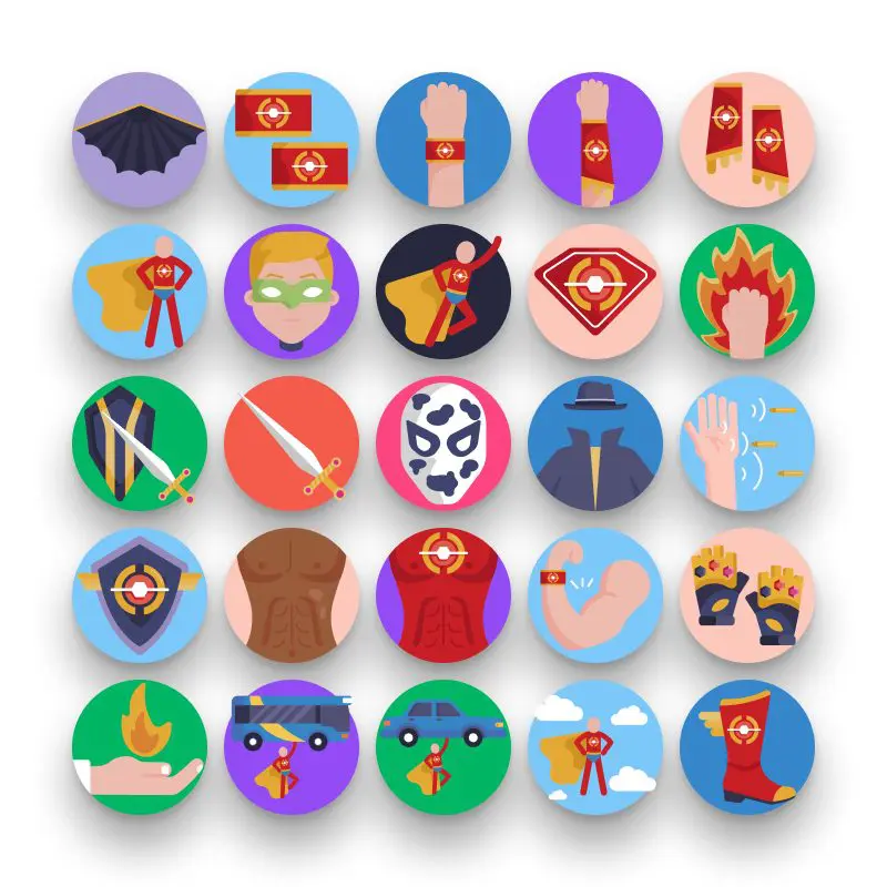 50 Super Hero Icons – set of colorful flat circle icons