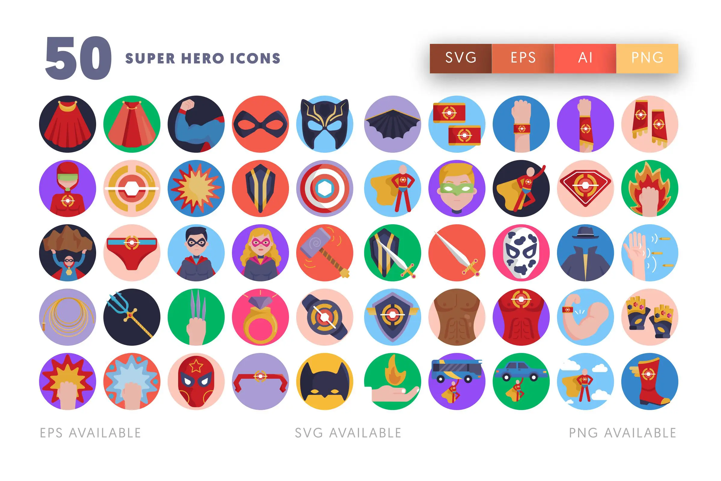 50 Super Hero Icons – flat circle icon set