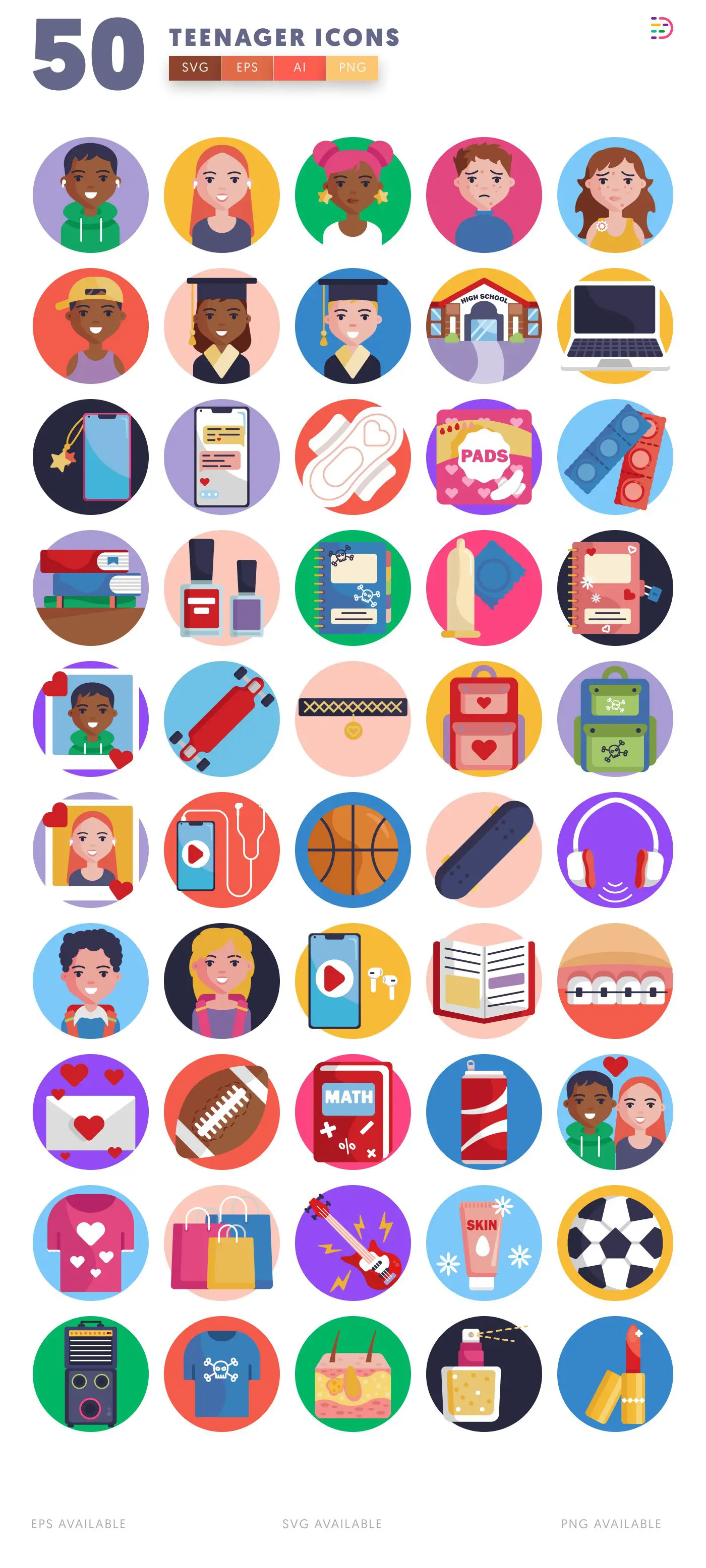 50 Teenager Icons – all icons in the set