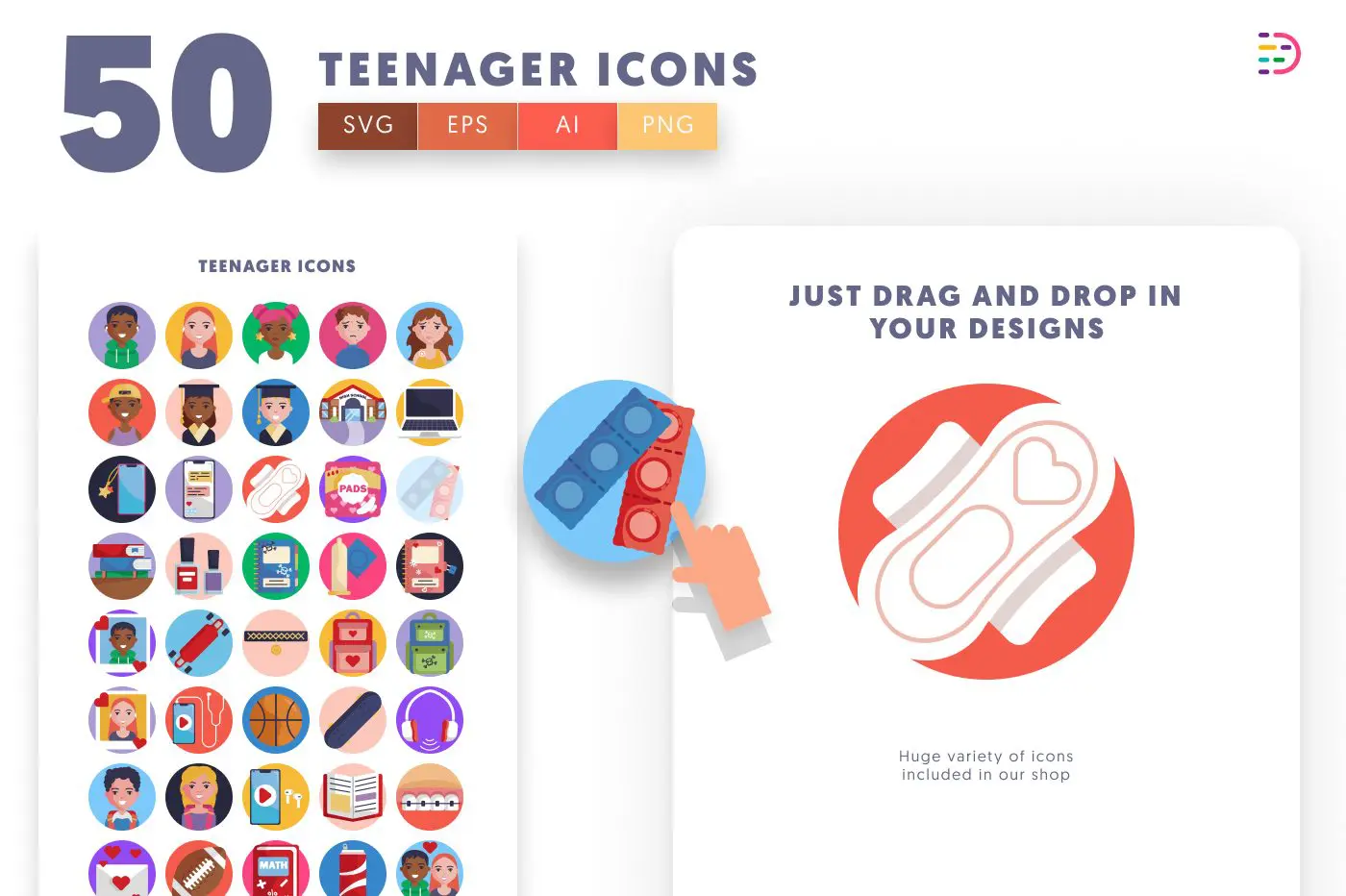 50 Teenager Icons preview 1 – flat circle icons in PNG, SVG and EPS
