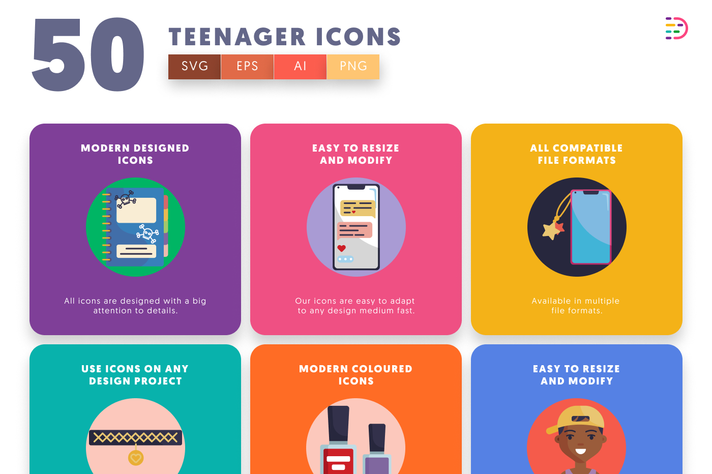 50 Teenager Icons preview 5 – flat circle icons in PNG, SVG and EPS