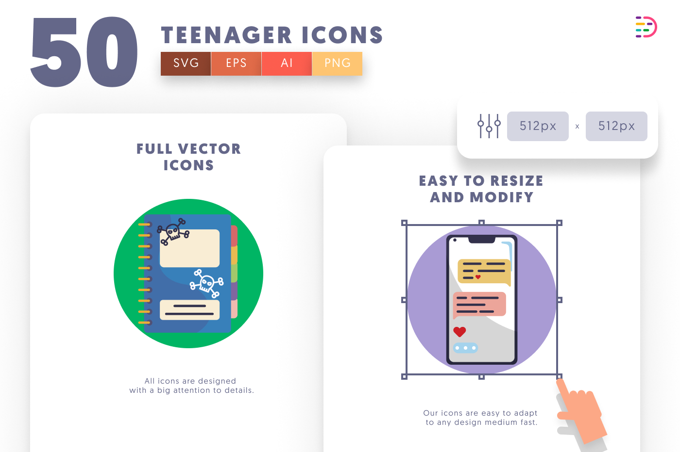 50 Teenager Icons preview 6 – flat circle icons in PNG, SVG and EPS