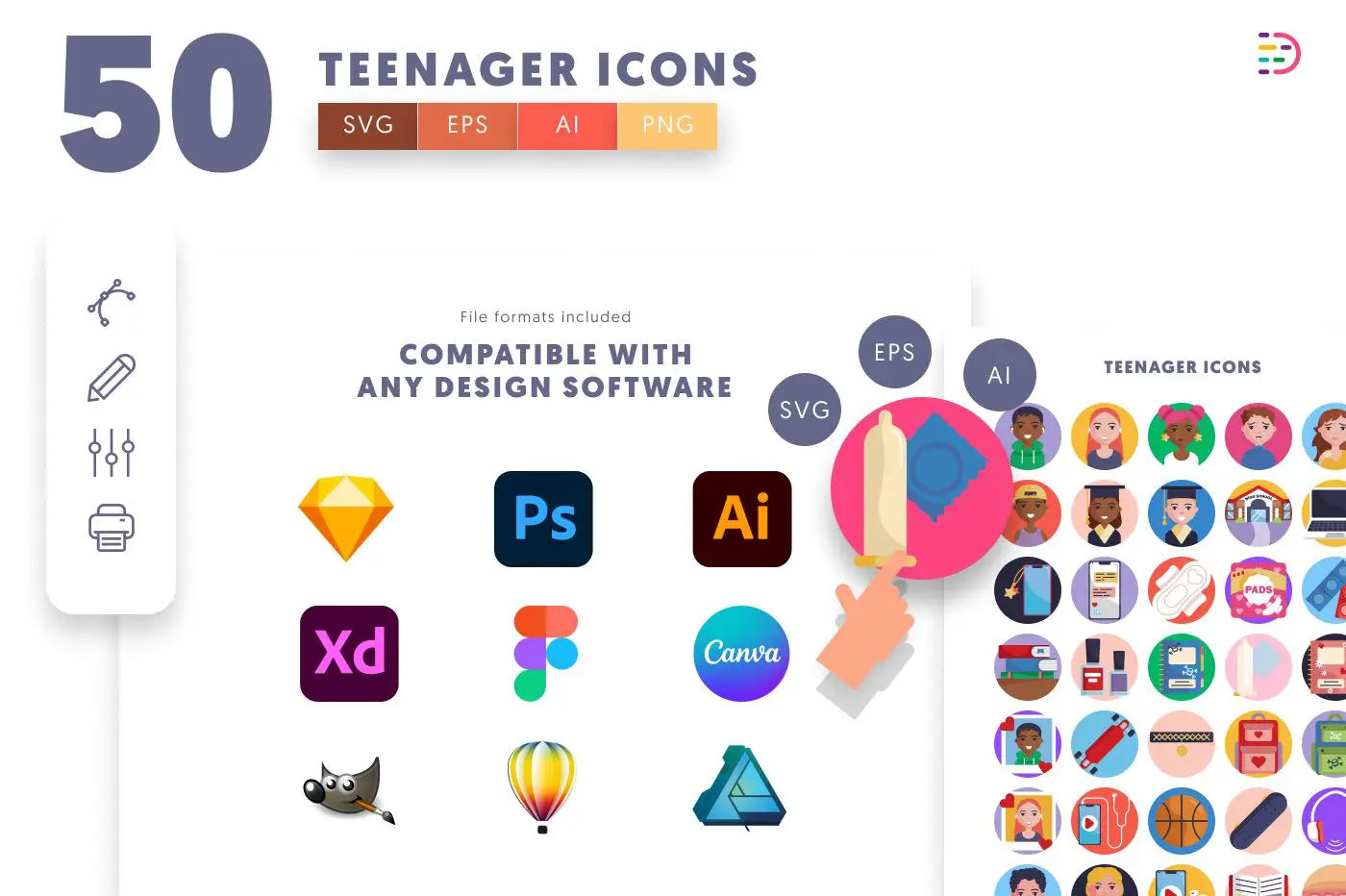 50 Teenager Icons preview 8 – flat circle icons in PNG, SVG and EPS