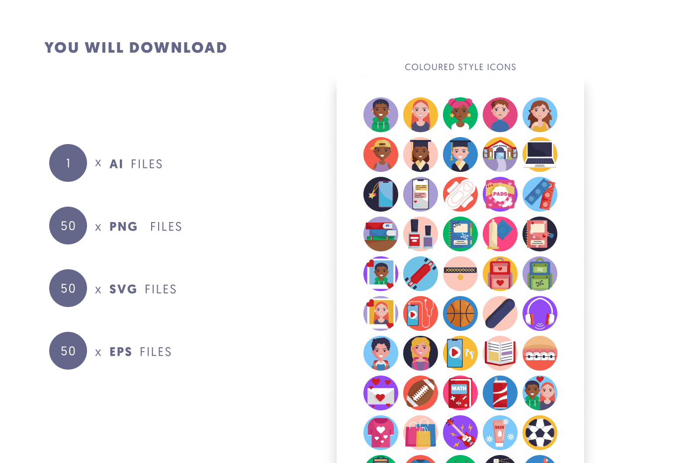 50 Teenager Icons preview 9 – flat circle icons in PNG, SVG and EPS