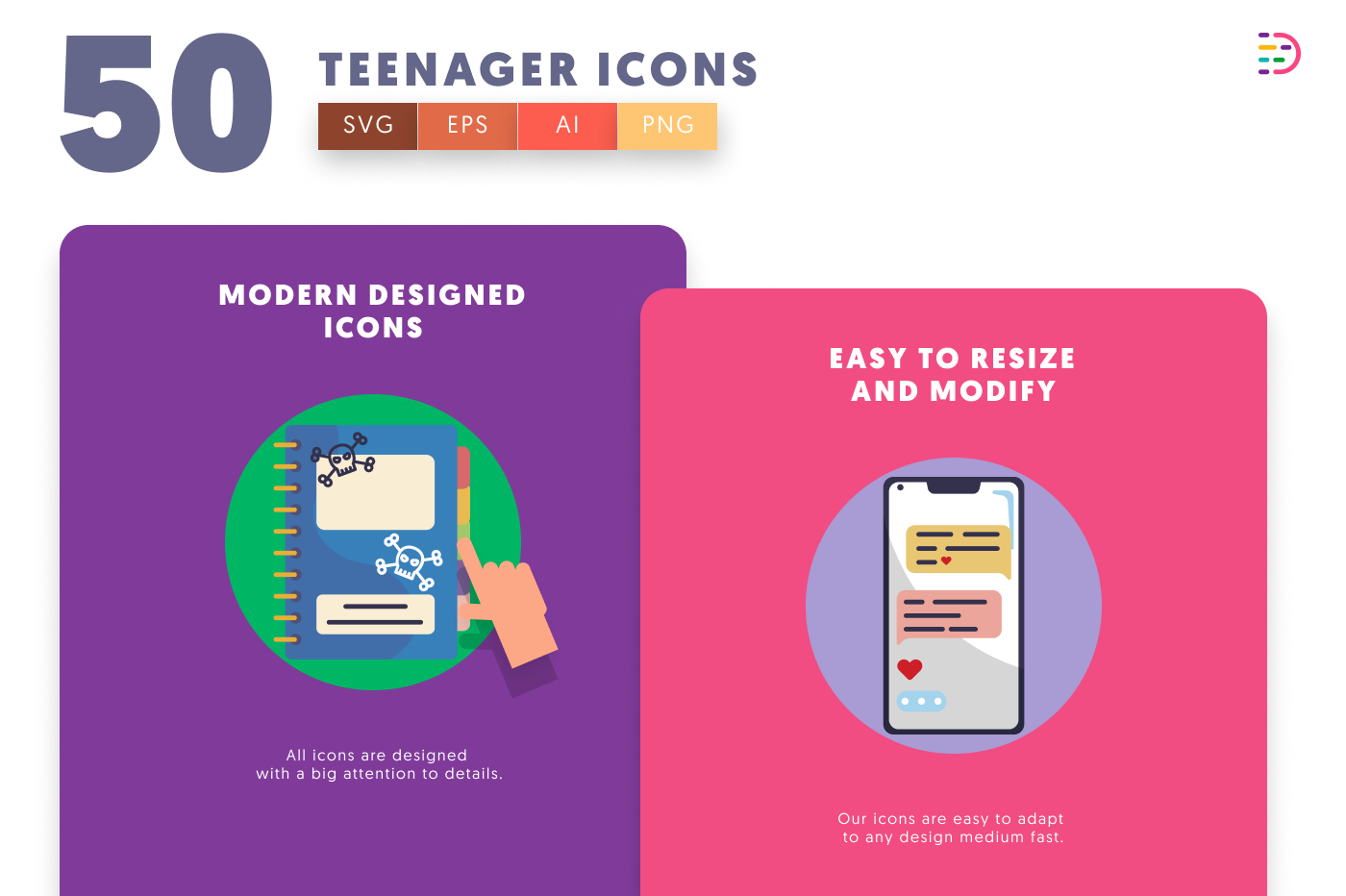 50 Teenager Icons cover – flat circle icons in PNG, SVG and EPS