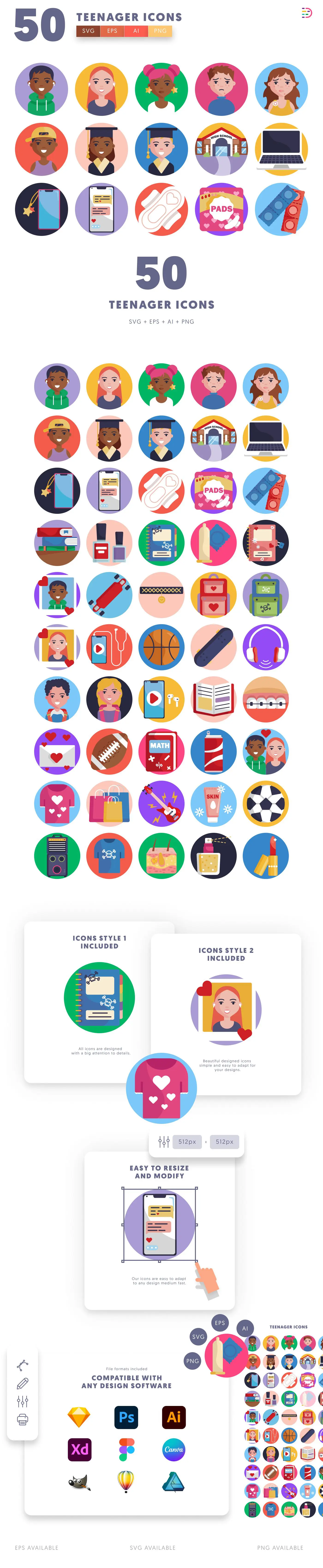 50 Teenager Icons cover – flat circle icons in PNG, SVG and EPS