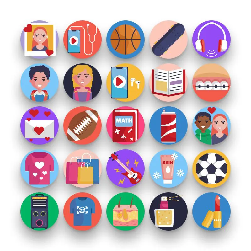 50 Teenager Icons – set of colorful flat circle icons