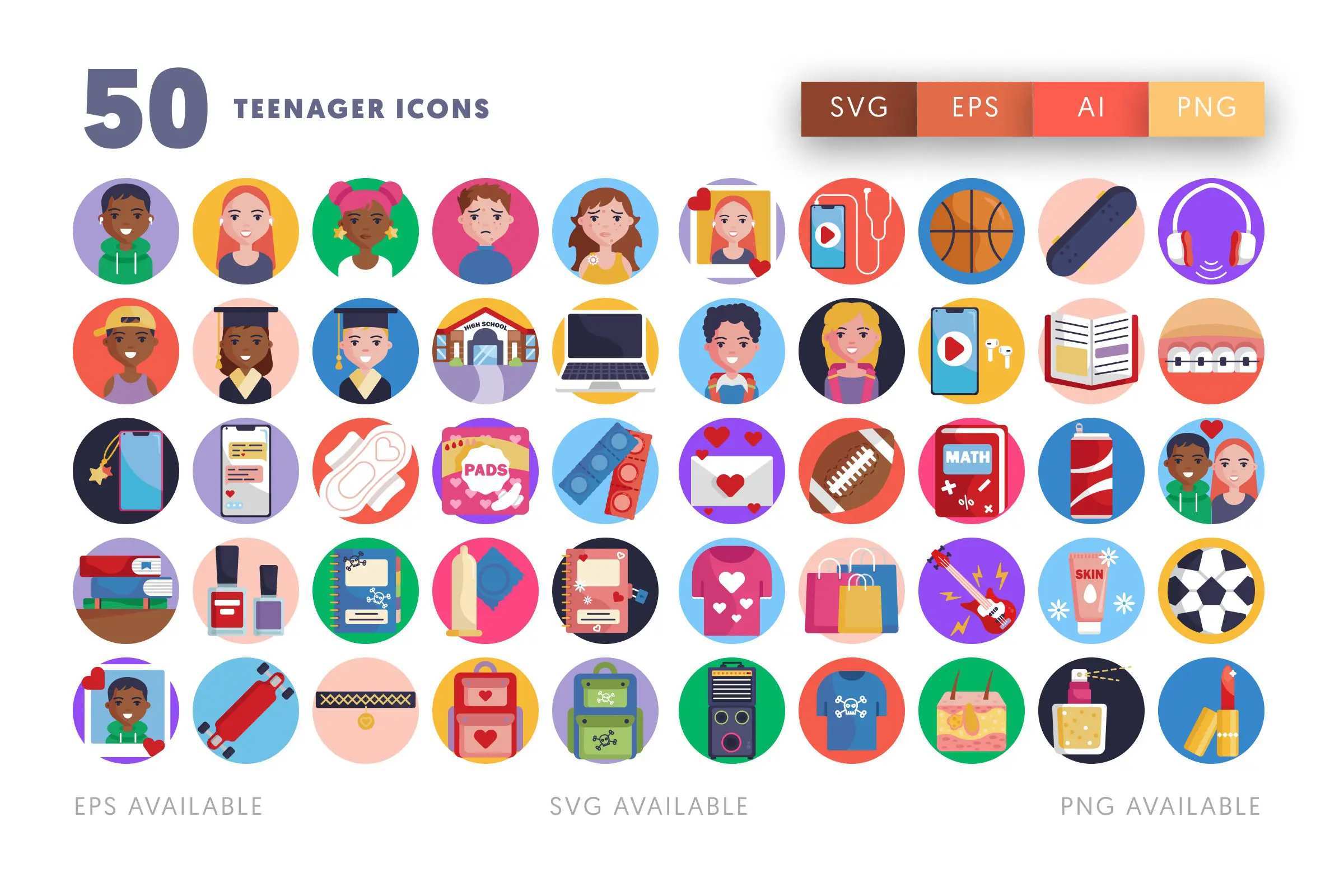 50 Teenager Icons – flat circle icon set