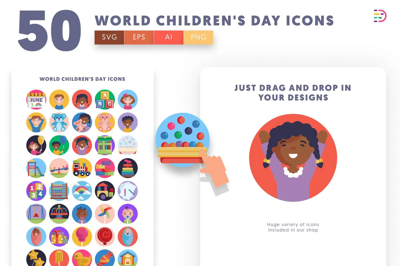 50 World Children’s Day Icons preview 1 – illustrated icons in PNG, SVG and EPS