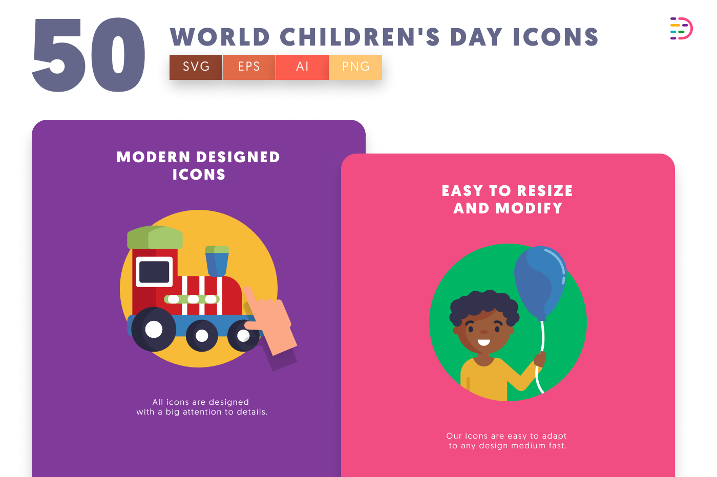 50 World Children’s Day Icons cover – illustrated icons in PNG, SVG and EPS