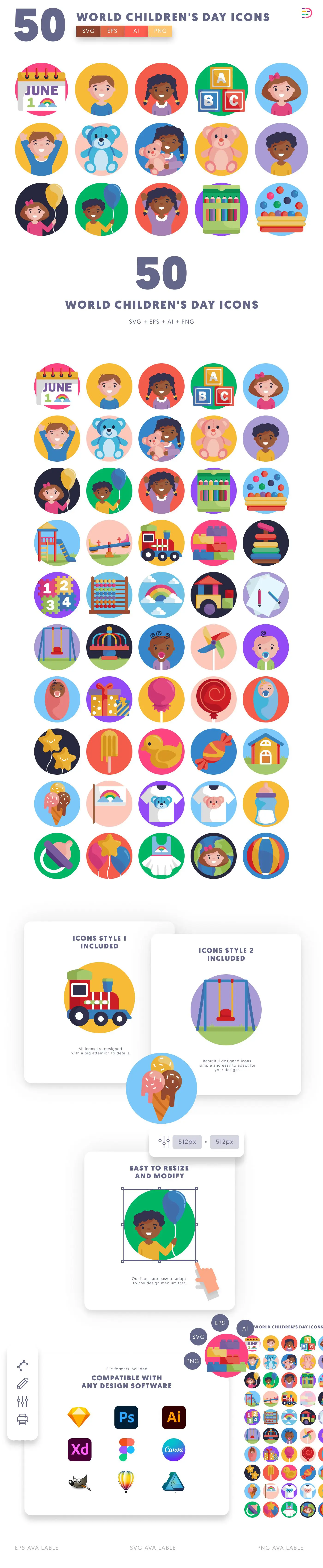 50 World Children’s Day Icons cover – illustrated icons in PNG, SVG and EPS