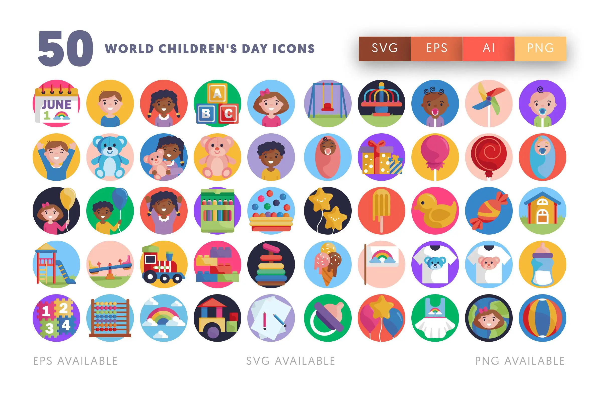 50 World Children’s Day Icons – illustrated icon set