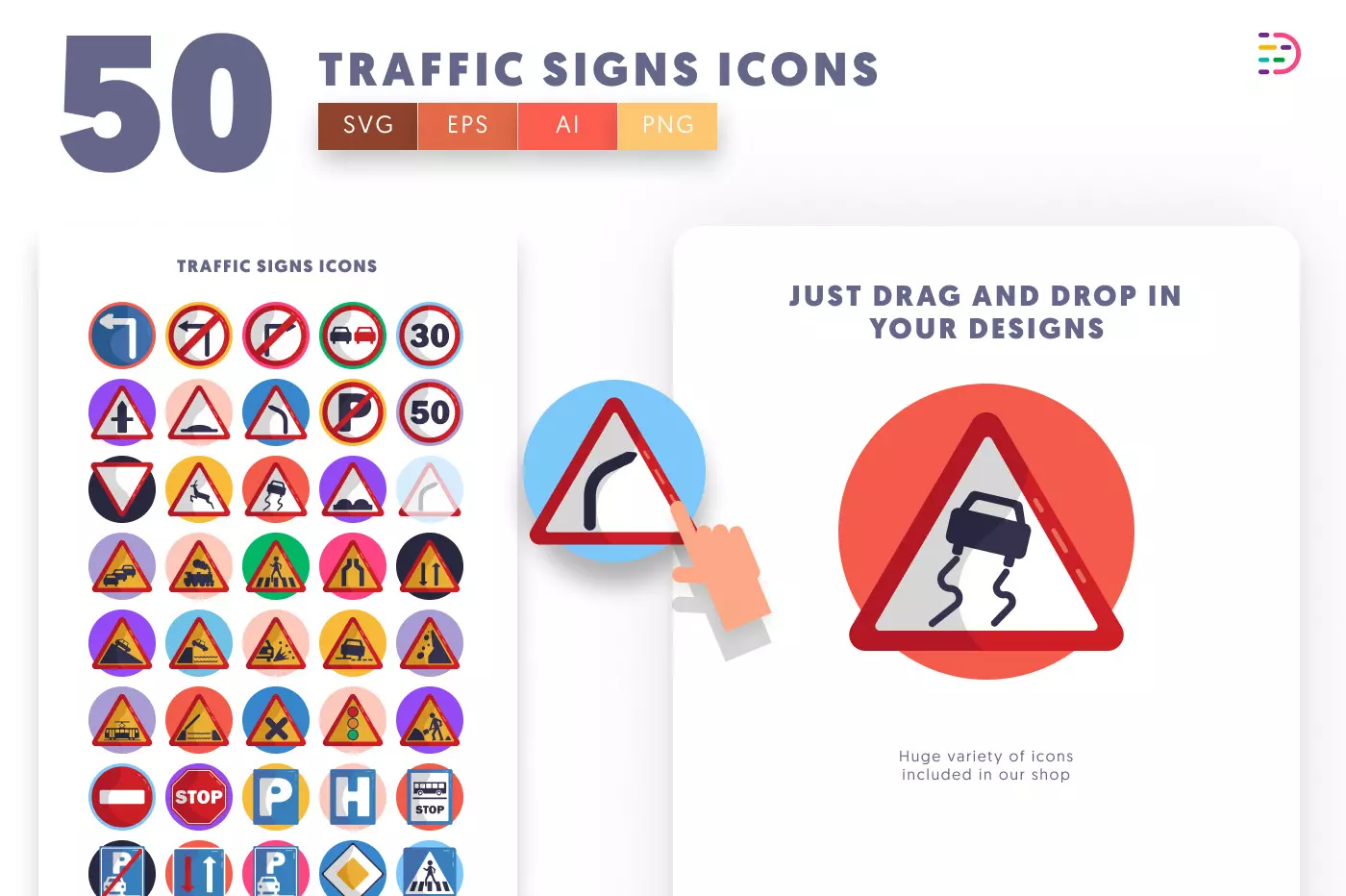 50 Traffic Signs Icons preview 1 – flat circle icons in PNG, SVG and EPS