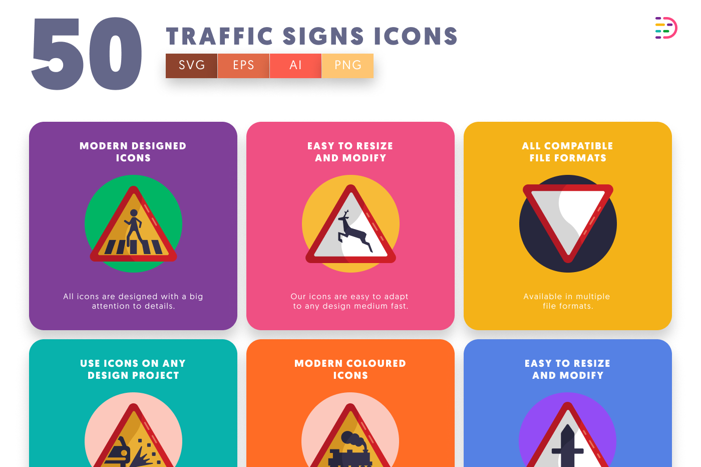 50 Traffic Signs Icons preview 5 – flat circle icons in PNG, SVG and EPS