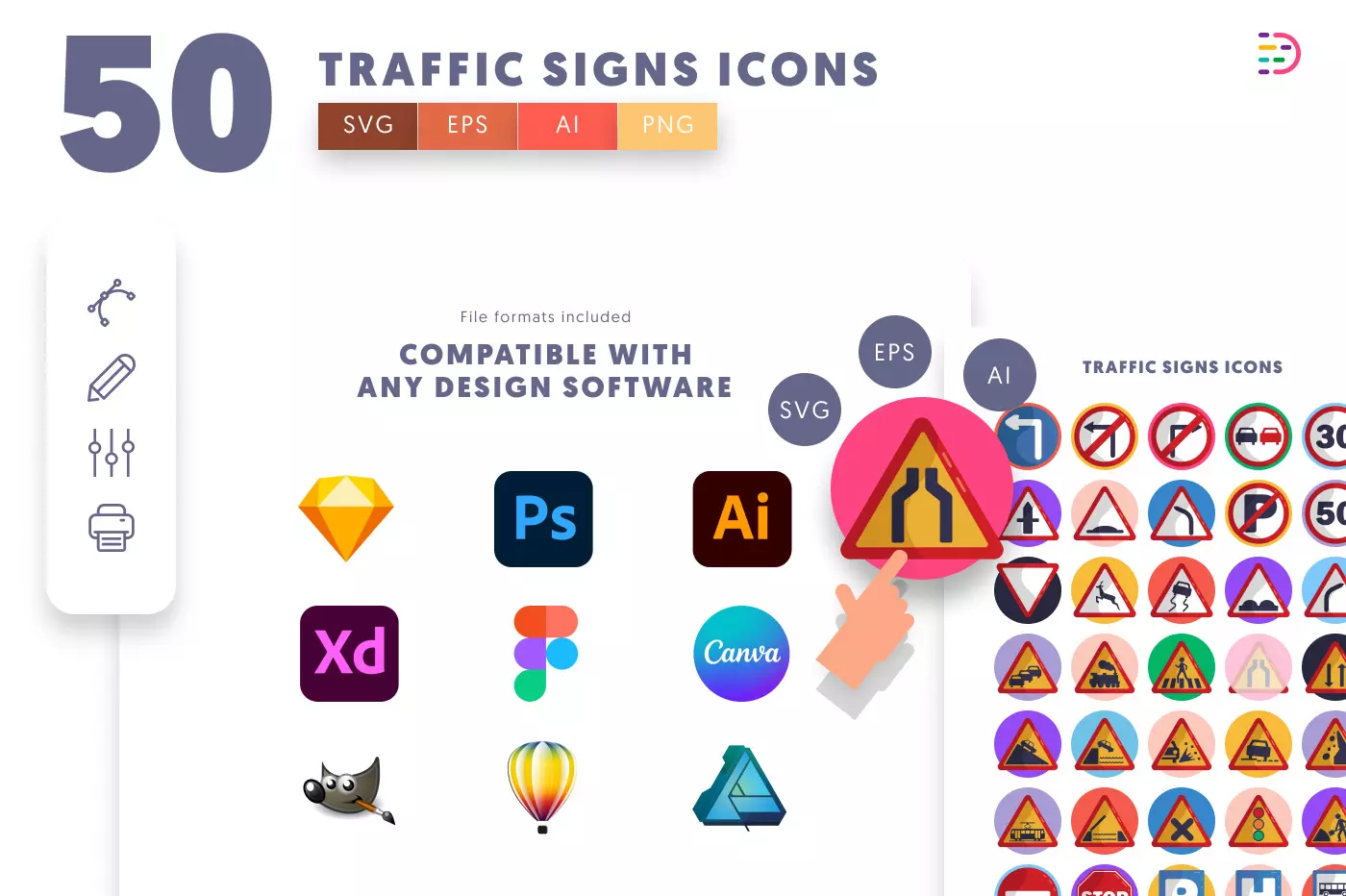 50 Traffic Signs Icons preview 8 – flat circle icons in PNG, SVG and EPS