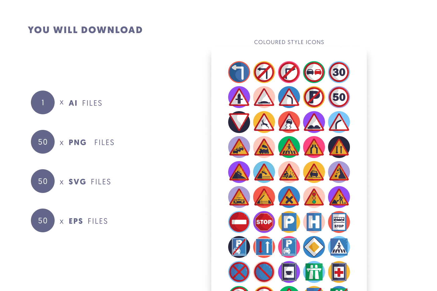 50 Traffic Signs Icons preview 9 – flat circle icons in PNG, SVG and EPS