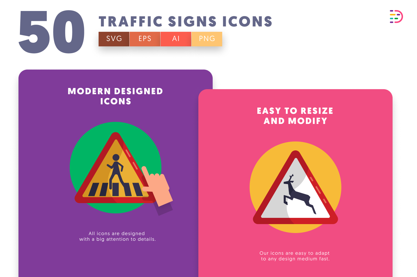 50 Traffic Signs Icons cover – flat circle icons in PNG, SVG and EPS