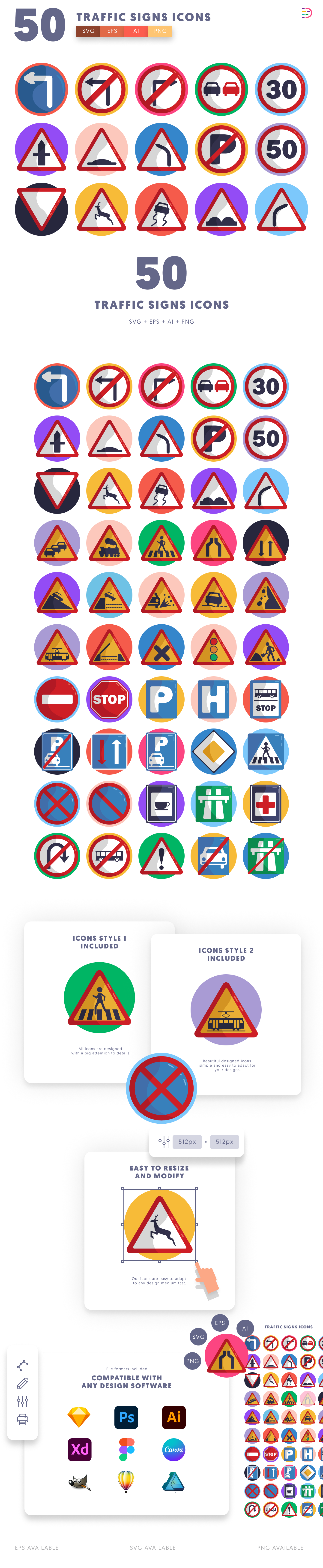 50 Traffic Signs Icons cover – flat circle icons in PNG, SVG and EPS