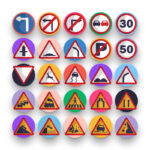 50 Traffic Signs Icons – set of colorful flat circle icons