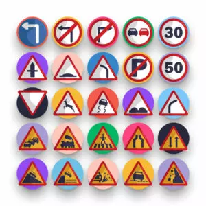 50 Traffic Signs Icons – set of colorful flat circle icons