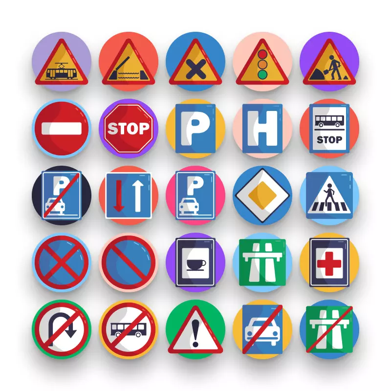 50 Traffic Signs Icons – set of colorful flat circle icons