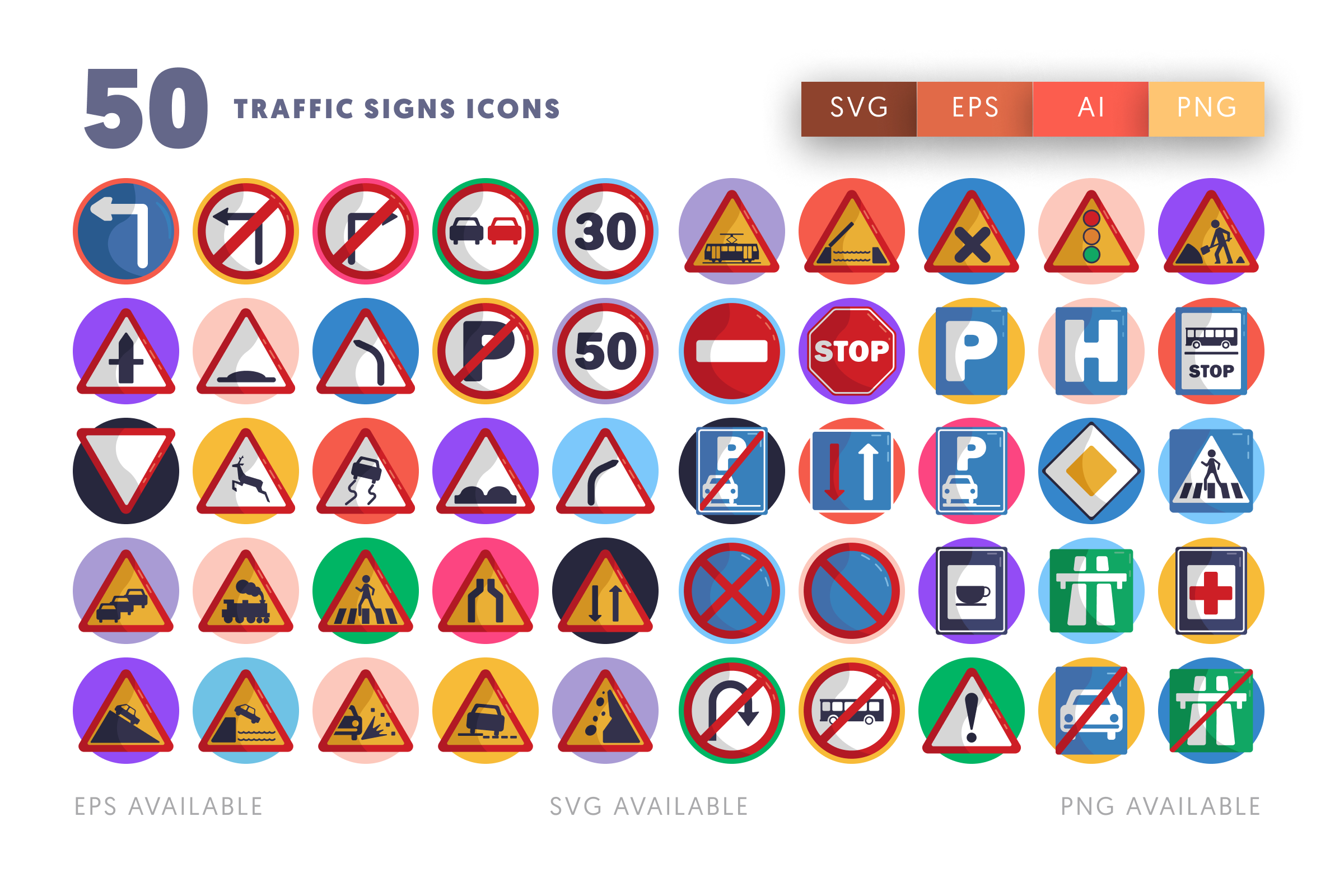 50 Traffic Signs Icons – flat circle icon set