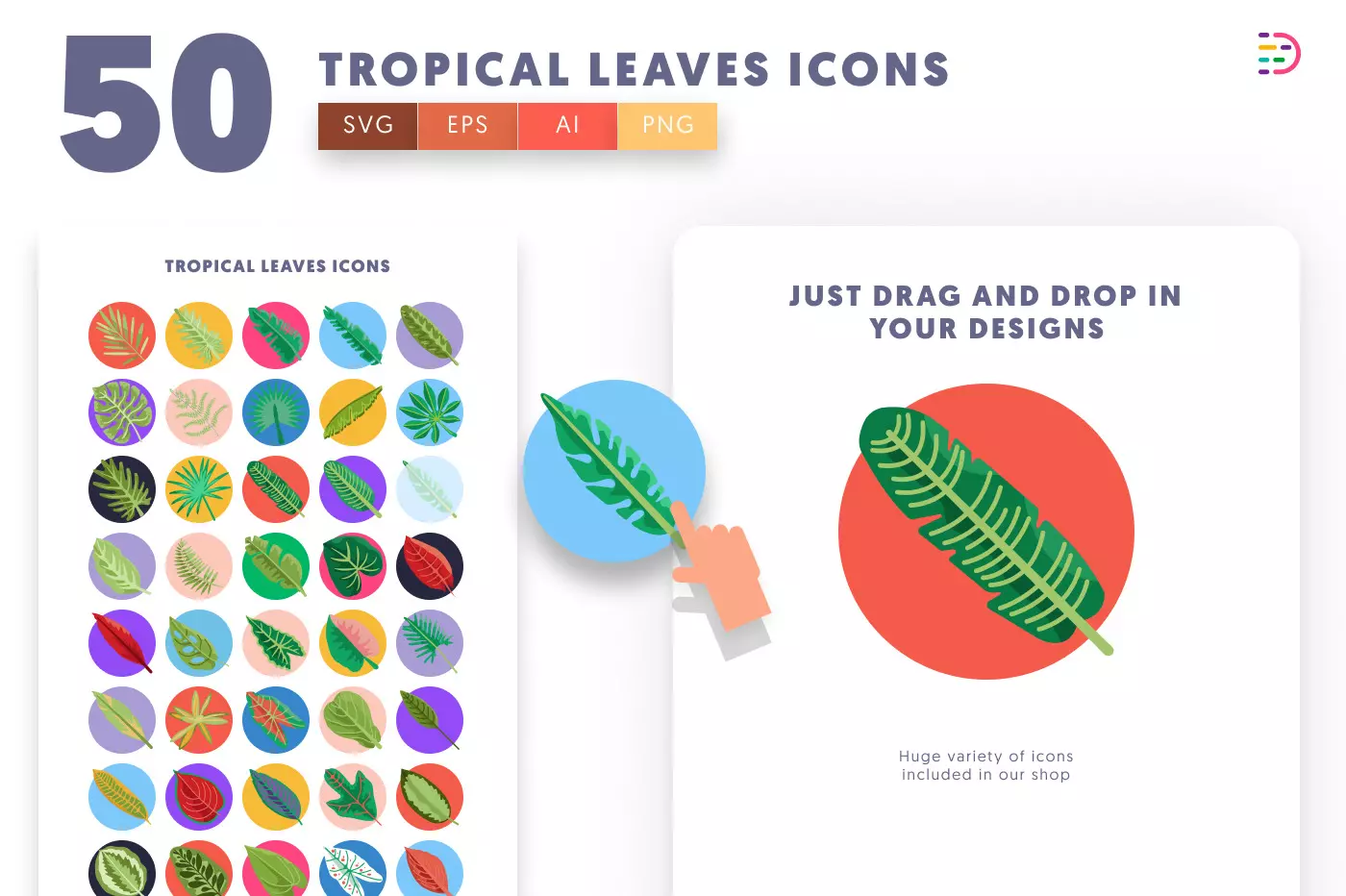 50 Tropical Leaves Icons preview 1 – flat circle icons in PNG, SVG and EPS