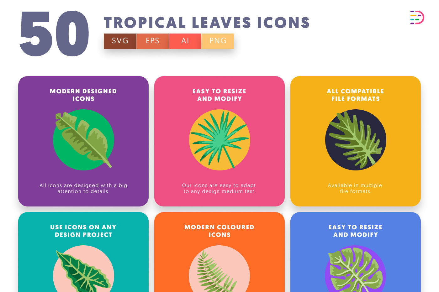 50 Tropical Leaves Icons preview 5 – flat circle icons in PNG, SVG and EPS