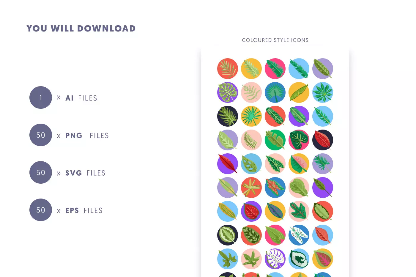 50 Tropical Leaves Icons preview 9 – flat circle icons in PNG, SVG and EPS
