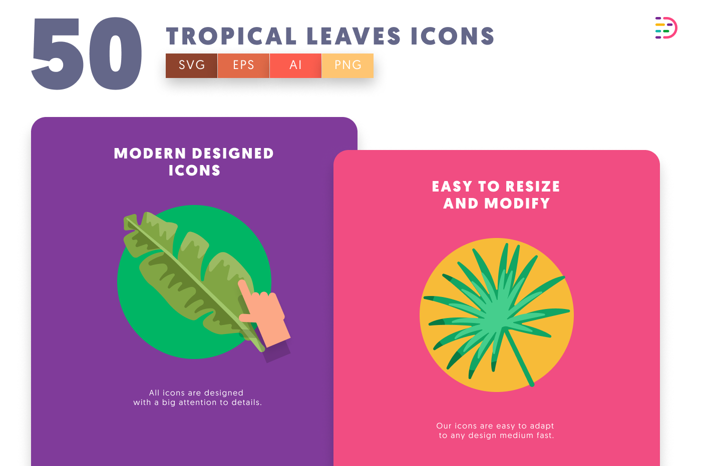 50 Tropical Leaves Icons cover – flat circle icons in PNG, SVG and EPS