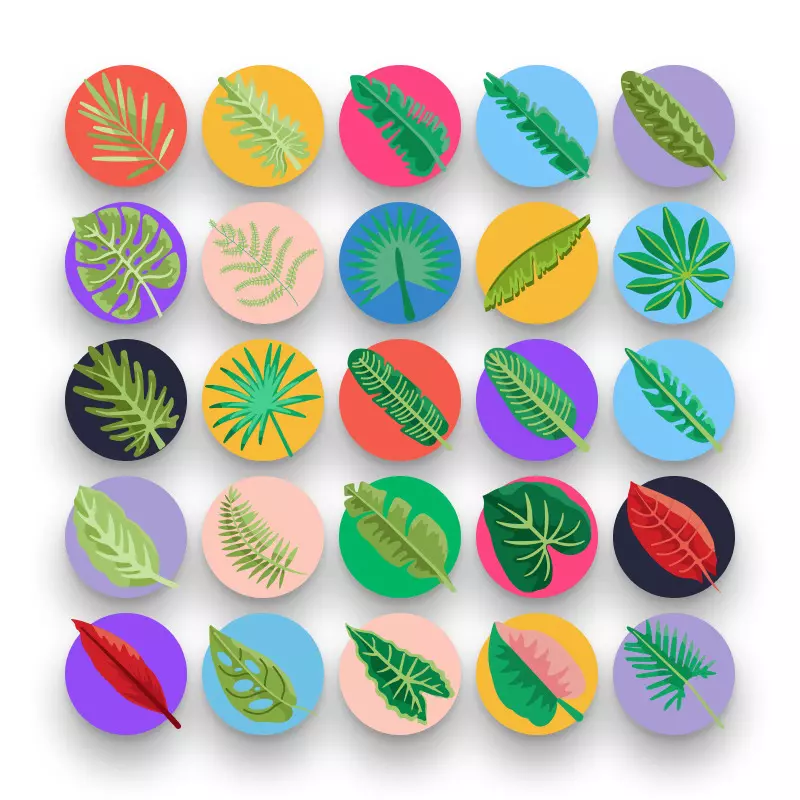 50 Tropical Leaves Icons – set of colorful flat circle icons