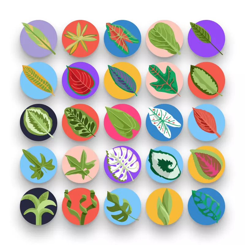 50 Tropical Leaves Icons – set of colorful flat circle icons