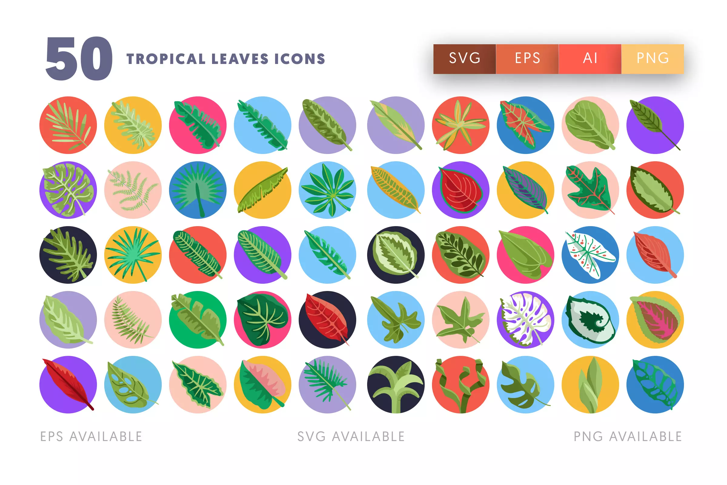 50 Tropical Leaves Icons – flat circle icon set