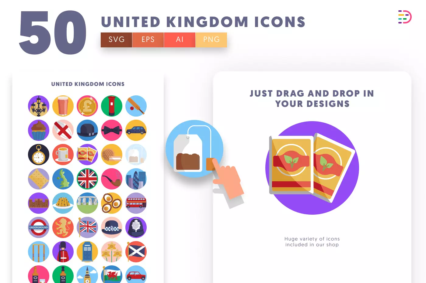 50 United Kingdom Icons preview 1 – flat circle icons in PNG, SVG and EPS