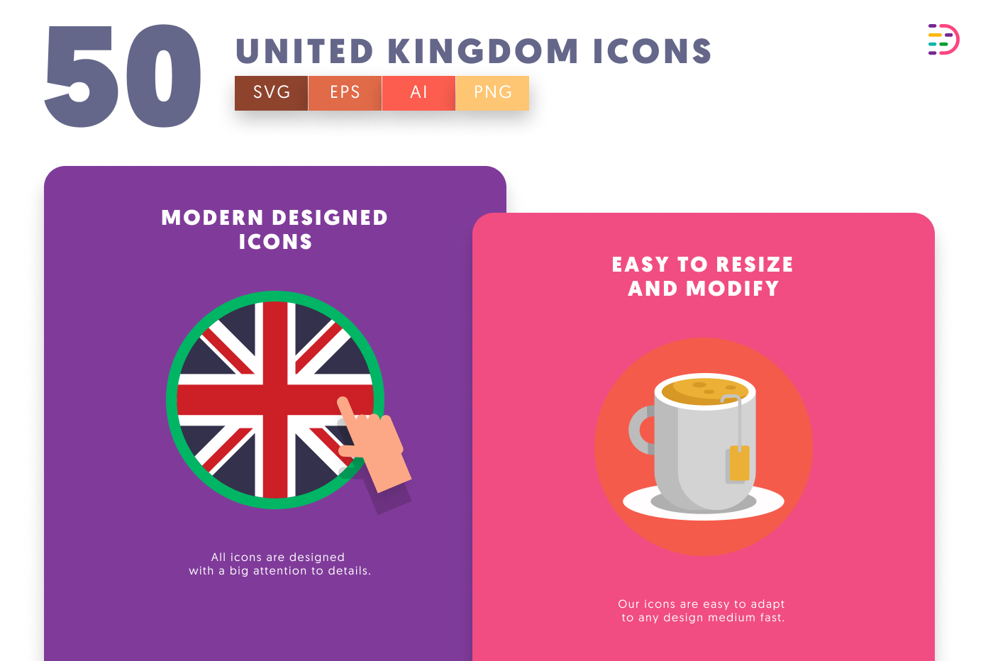 50 United Kingdom Icons cover – flat circle icons in PNG, SVG and EPS