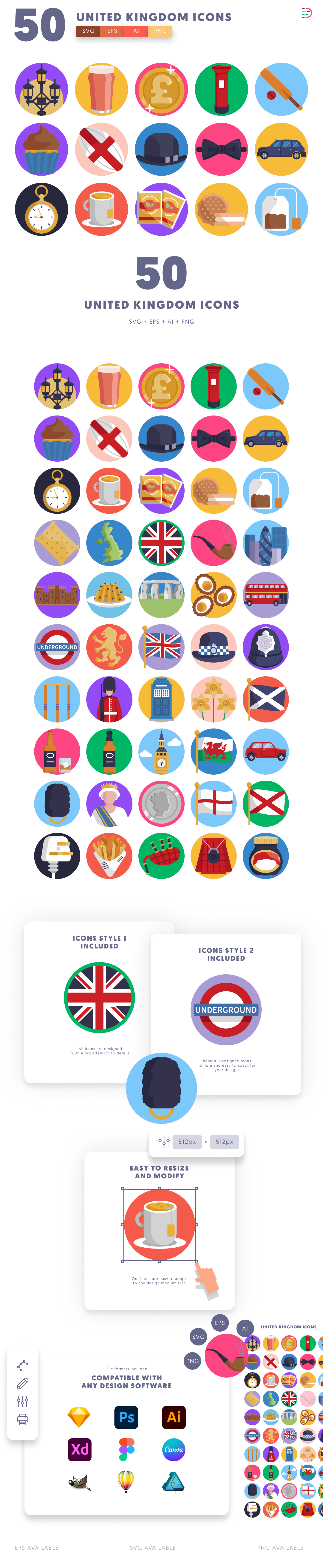 50 United Kingdom Icons cover – flat circle icons in PNG, SVG and EPS