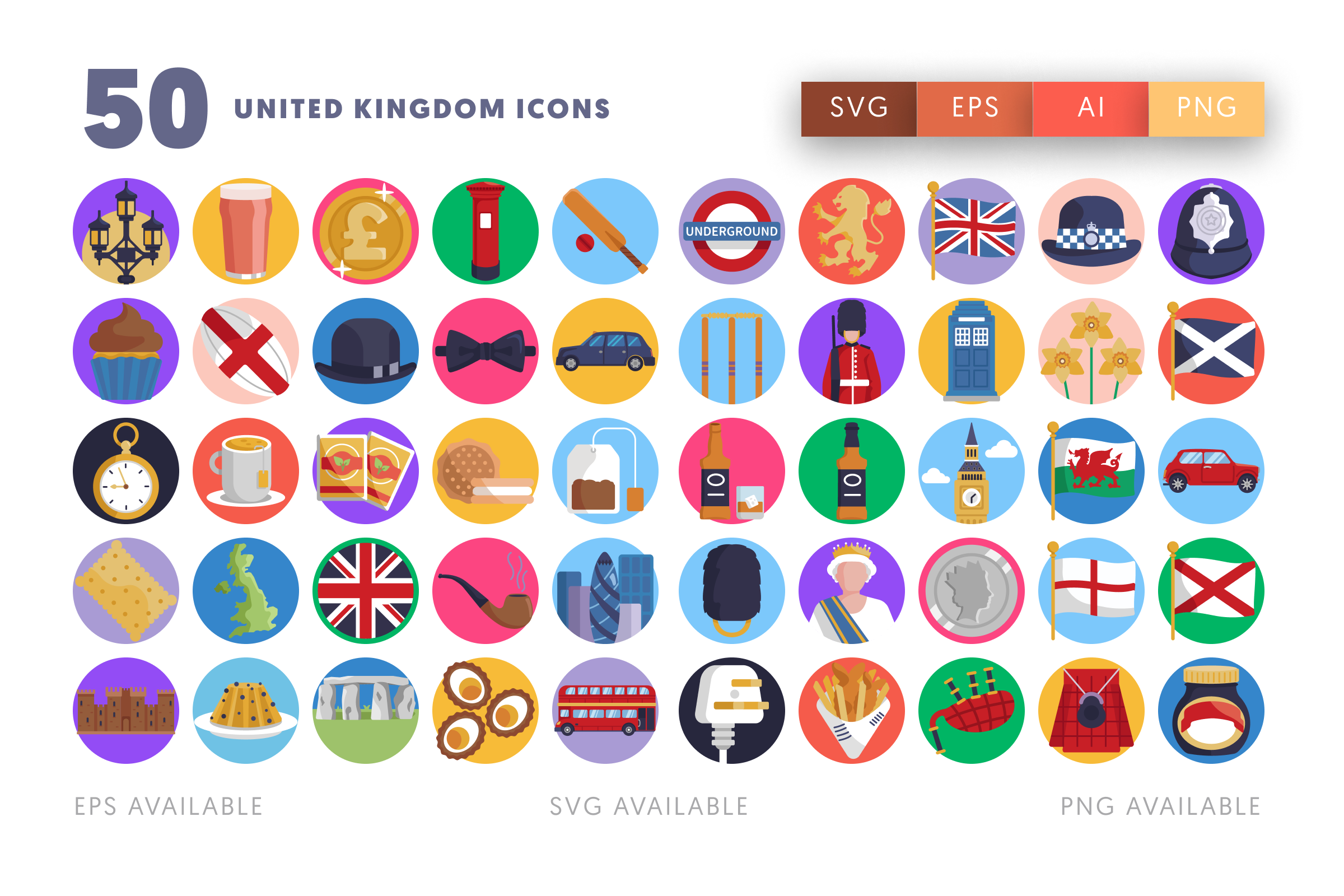 50 United Kingdom Icons – flat circle icon set