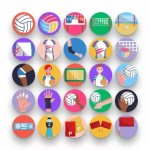 50 Volleyball Icons – set of colorful flat circle icons
