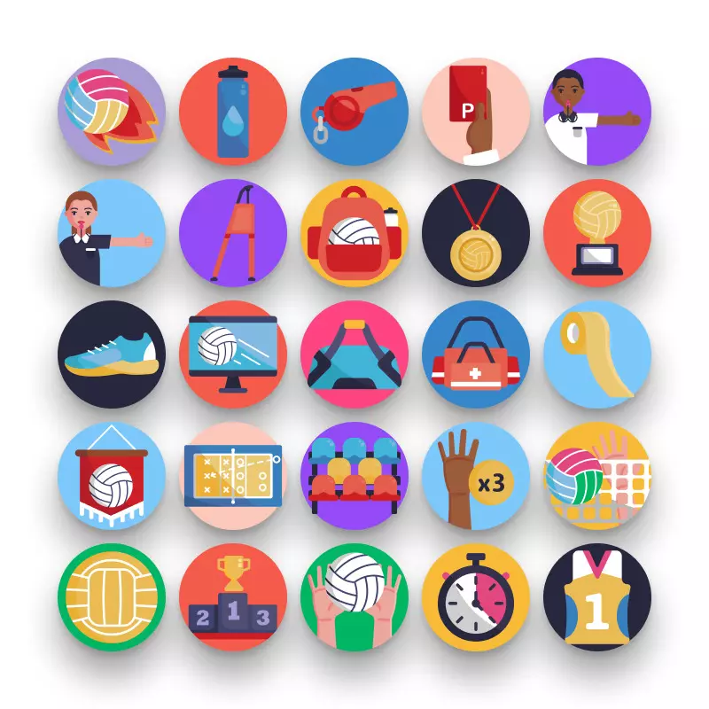 50 Volleyball Icons – set of colorful flat circle icons