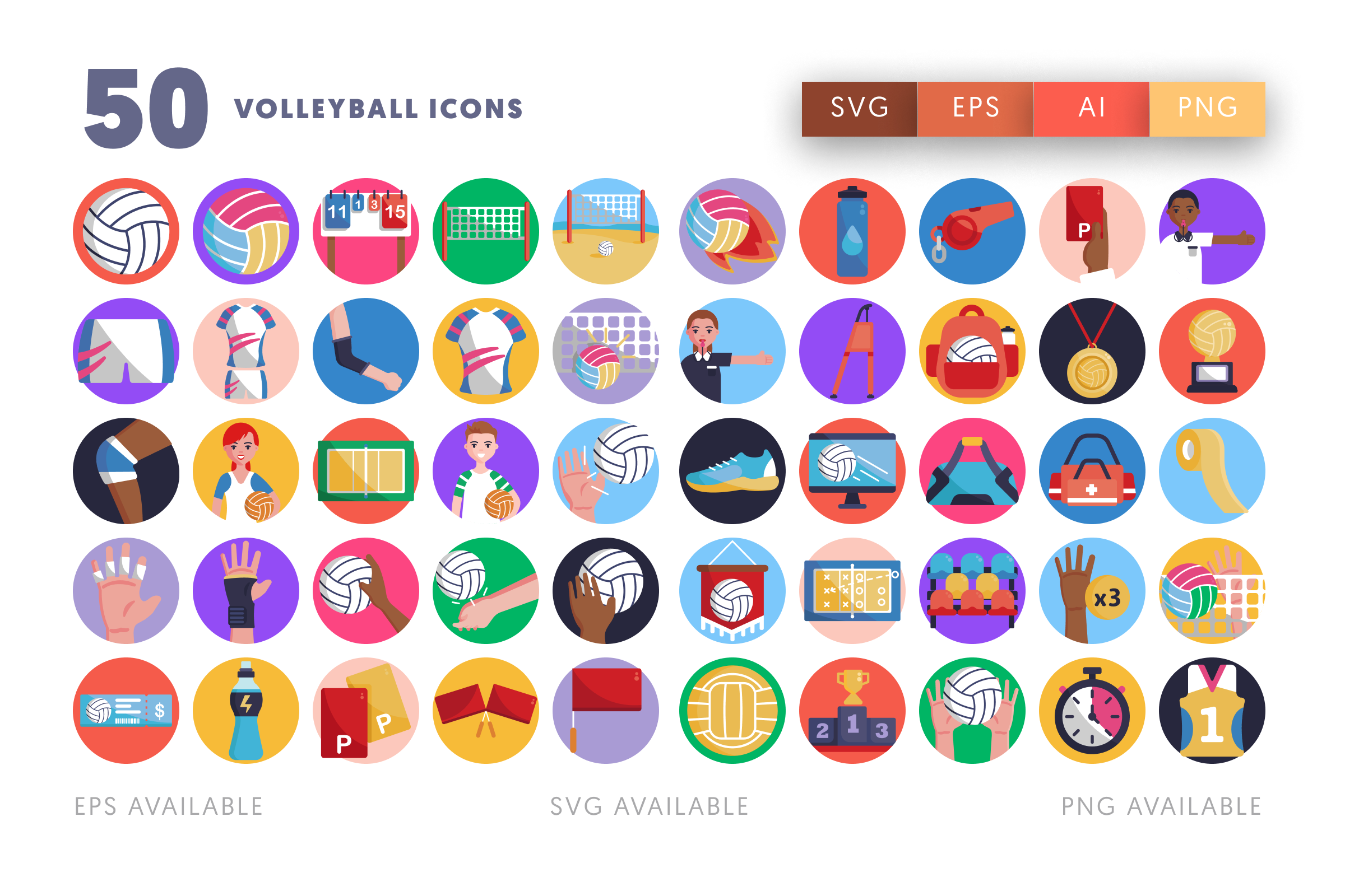 50 Volleyball Icons – flat circle icon set