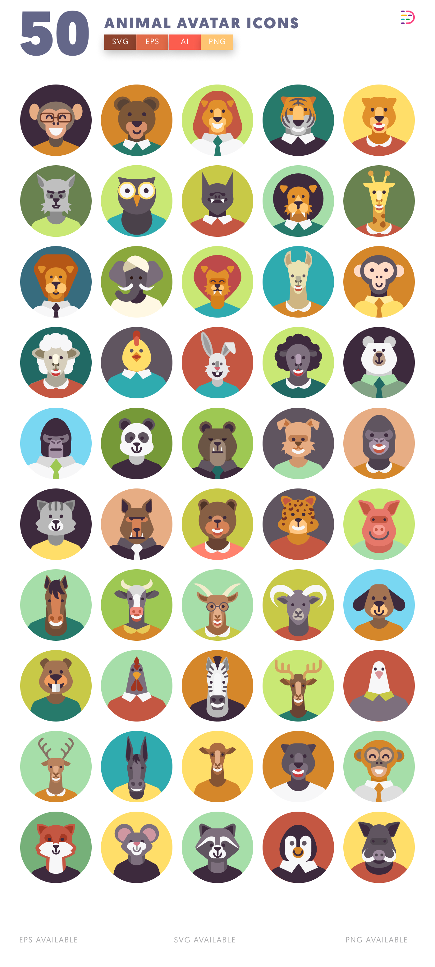 50 Dressed Animal Character Avatars – all icons in the set