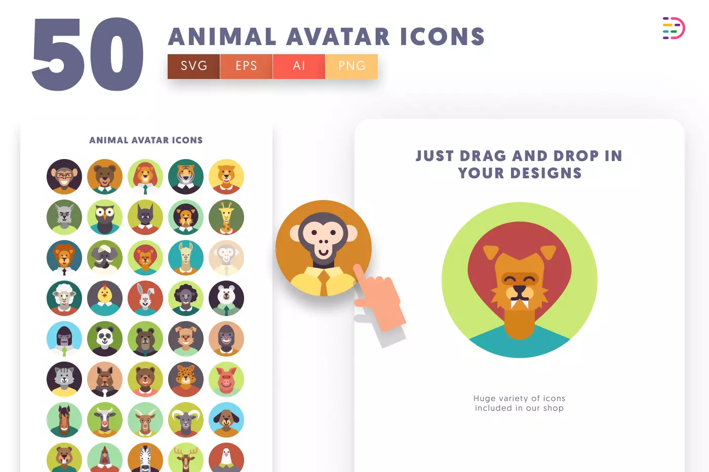 50 Dressed Animal Character Avatars preview 1 – illustrated icons in PNG, SVG and EPS